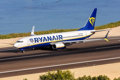 A Ryanair Boeing 737-800 aircraft with registration 9H-QBQ at Corfu Airport, Greece