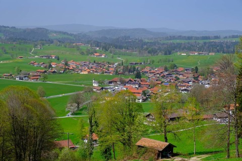 View of the Leitzach Valley from the Schwarzenberg near Hundham, Leitzach Valley, Upper Bavaria,