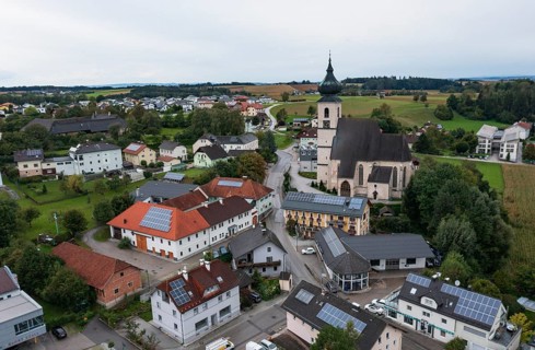 Drone shot, view of village with church, Eberstalzell, Traunviertel, Upper Austria, Austria