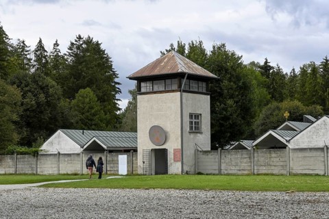 Watchtower of the former Dachau concentration camp, now a concentration camp memorial, Dachau near