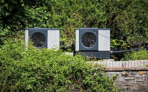 Two heat pumps are elevated on a wall in Wuppertal, Germany