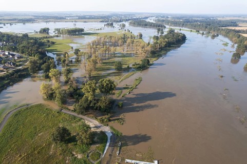 Drone view of river Odra in Poland during flood 2024