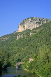 View of Tarn river with old bridge, Le Rozier, Département Lozère, France