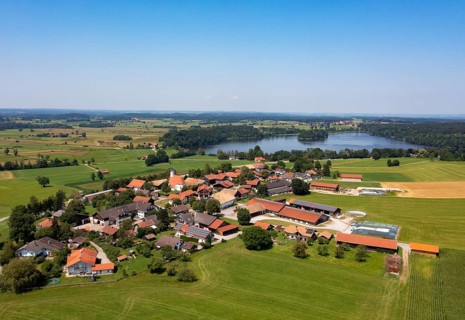 Drone shot, Abtsdorfer See with village Abtsdorf, Rupertiwinkel, Upper Bavaria, Bavaria, Germany