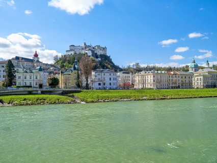 Old town of Salzburg with fortress Hohen Salzburg, Salzach, blue sky, spring, Salzburg city,