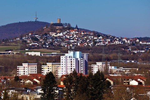 View of residential buildings, Gleiberg Castle in the municipality of Wettenberg and the