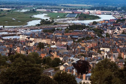 Panoramic view of the houses of the old town and the Seine from the Mont-Joli hill, dusk, Honfleur,
