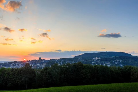 Sunrise over Annaberg-Buchholz and Pöhlberg, Erzgebirge, Saxony, Germany