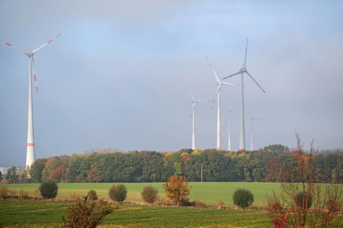Wind turbines in a wooded area, Schönberg, Mecklenburg-Western Pomerania, Germany