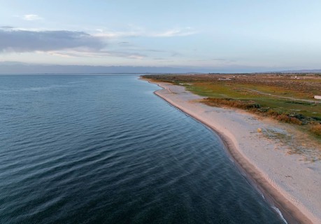 Aerial view, landscape at Lake Issyk Kul, Kyrgyzstan