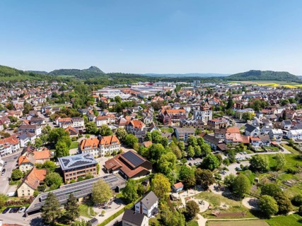 Aerial view of the municipality of Gottmadingen in Hegau, on the horizon the Hegau volcano
