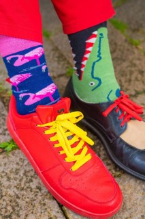 Two different shoes and colourful socks with flamingo and crocodile pattern, Sindelfingen,
