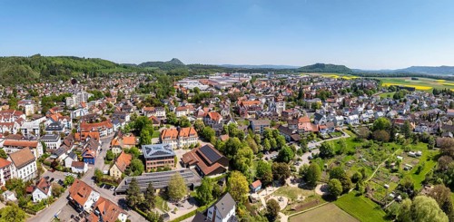 Aerial view, panorama, view of the municipality of Gottmadingen in Hegau, on the horizon the Hegau