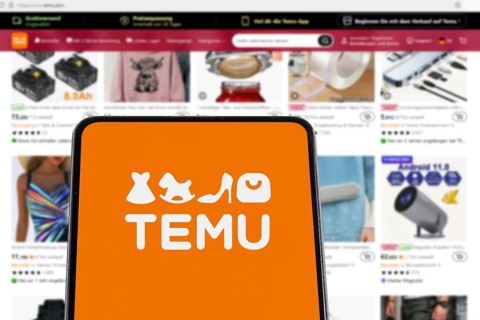 Temu Logo online marketplace from China online trading ecommerce on a mobile phone and website on