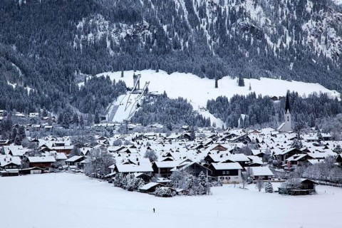 Winter, snowy landscape, view of Oberstdorf, behind ORLEN Arena, ski jumping arena, Oberallgäu,