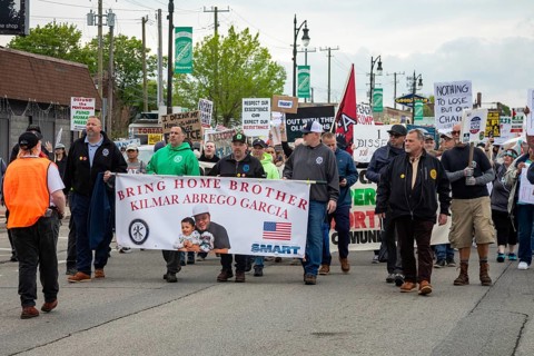 Detroit, Michigan - Labor organizations protest President Trump's 'war on working people' with a