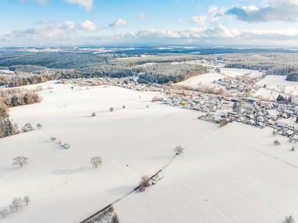 Snow-covered village with wide fields and trees under a blue sky, cold and quiet view,