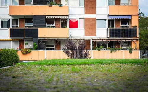 Balcony power plant on an apartment block in Monheim am Rhein, Germany