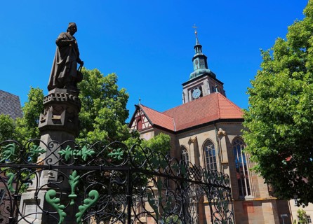 Regiomontanus Fountain on the market square and late Gothic, Evangelical-Lutheran St Mary's Church,