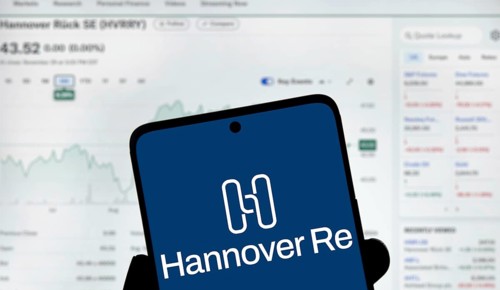 Hannover re logo is displayed on smartphone.Hannover Re is a reinsurance company