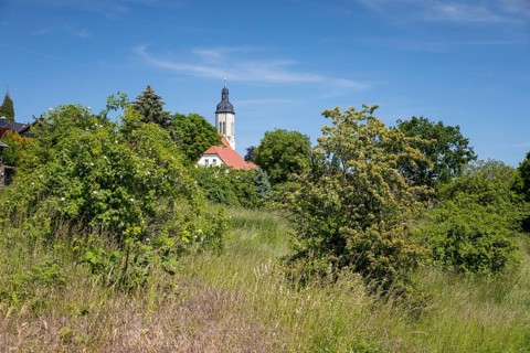 Viewpoint An der Winzerei with a view of St James' Church Pesterwitz, Freital, Saxony, Germany
