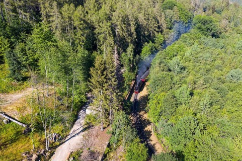 Aerial view of the Harz narrow-gauge railway in the Thumkuhlental valley between Wernigerode and