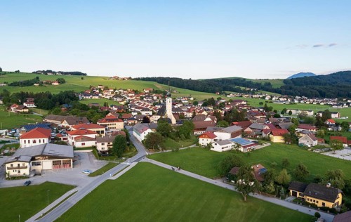 Drone image, view of the village with parish church, Anthering, Flachgau, Salzburg province,
