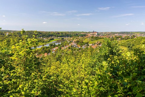 View from the Juchhöh over the Spaargebirge to the Elbe, the town and Albrechtsburg Castle,