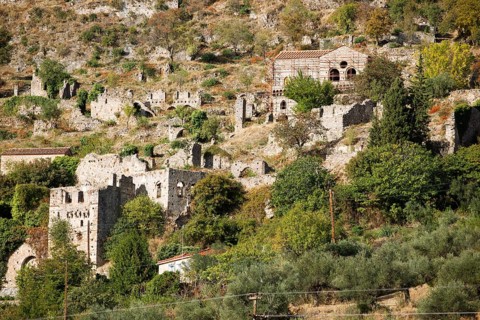 Byzantine ruined city of Mystras or Mistra on the Taygetos Mountains, UNESCO World Heritage Site,