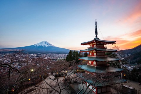 Five-story pagoda of a Shinto Shrine, Chureito Pagoda, with views of Fujiyoshida City and Mount