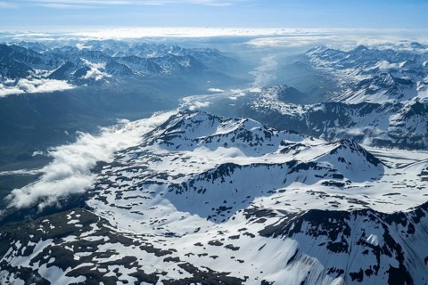 Mountain valley, snow and ice, epic mountains with glaciers, aerial view, Alaska Range, Denali