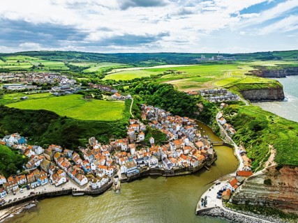 Staithes Village from a drone, North Yorkshire, North York Moors National Park, England, United