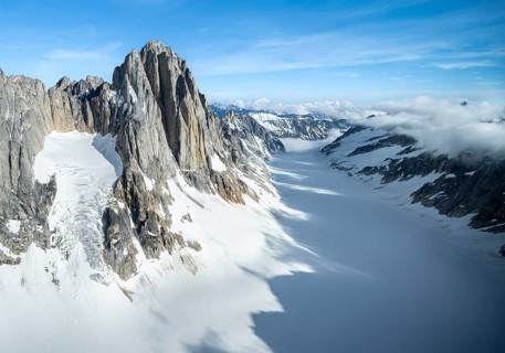 Cliffs, Kichatna Spires, snow and ice, epic mountains with glaciers, aerial view, Alaska Range,