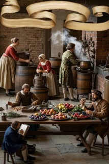 Kitchen in 1694, symbolic image of the Middle Ages, history, guild, craft, sugar, confectionery,