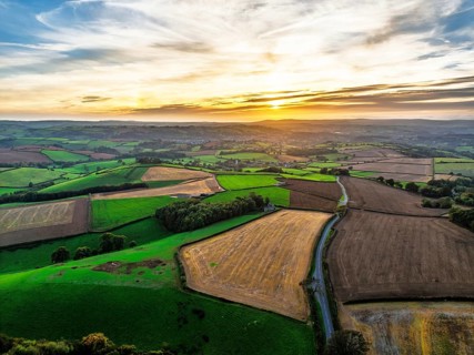 Colours of Devon Farms and Fields over Berry Pomeroy from a drone, Totnes, England, United Kingdom