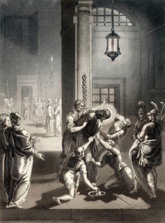 After the Sanhedrin trial of Jesus, New Testament, steel engraving 1853, digitally restored