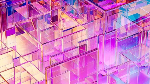 Translucent cubes in varying sizes form a sophisticated abstract background, combining colors and