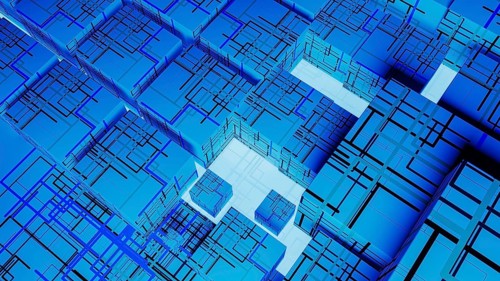 Vibrant abstract background showcases interconnected cubes, representing technology and data in a