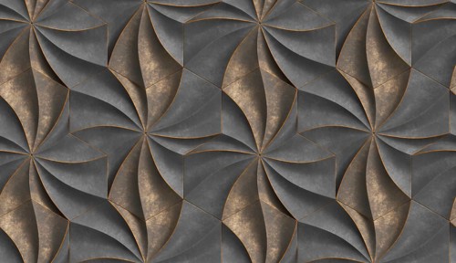 3D expensive wallpaper of architectural modules is black and brown with red gold frayed edges.