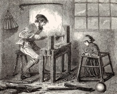 Wood lathe operator, 18th century, Wood turner at a wood lathe, 18th century