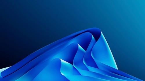 Smooth, flowing blue waves form an abstract background, resembling a digital landscape. The design