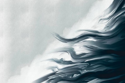 This artwork features a flowing abstraction in muted tones, capturing movement and energy. The