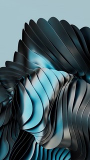 A dynamic abstract 3D design featuring smooth metallic blue and black curves creating a wave like