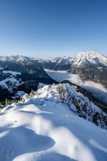 Snow-covered summit of the Jenner with viewing platform in autumn, view of the sea of clouds and