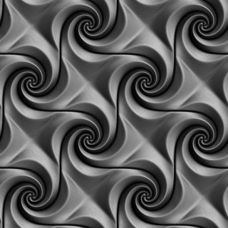 A monochrome 3D illustration showcasing symmetric swirling patterns, which create a seamless,
