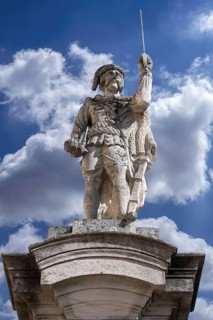Sculpture of a soldier on a column in front of the Ellingen Residence, Ellingen, Middle Franconia,