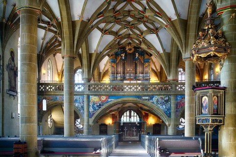 Interior photo, organ in the gallery, vaulted ceiling, evangelical town church, Bad Wimpfen,
