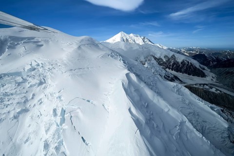 Mt Denali or Mount McKinley with glacier, aerial view, Alaska Range, Denali National Park, Alaska,