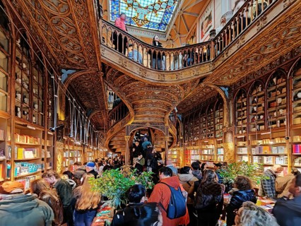 Livraria Lello, interior view of the Lello bookstore with lots of tourists, Overtourism, Porto,
