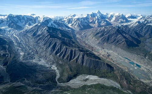 Melted glacier, glacier bed, aerial view, Alaska Range, Denali National Park, Alaska, USA